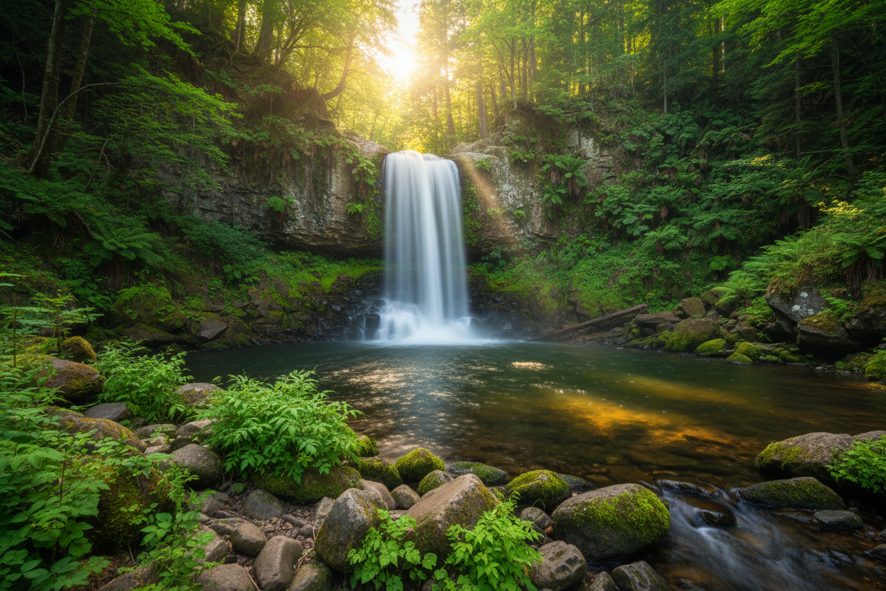 nature, waterfall, pool, forest, green
